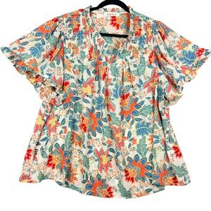 Rose+Olive 2XL Smocked Neck Floral Peasant Boho Short Sleeve Women Blouse
